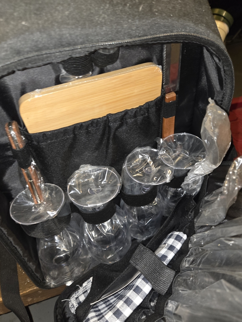 Portable Black Picnic Cutlery and Glass Set with Bamboo Board